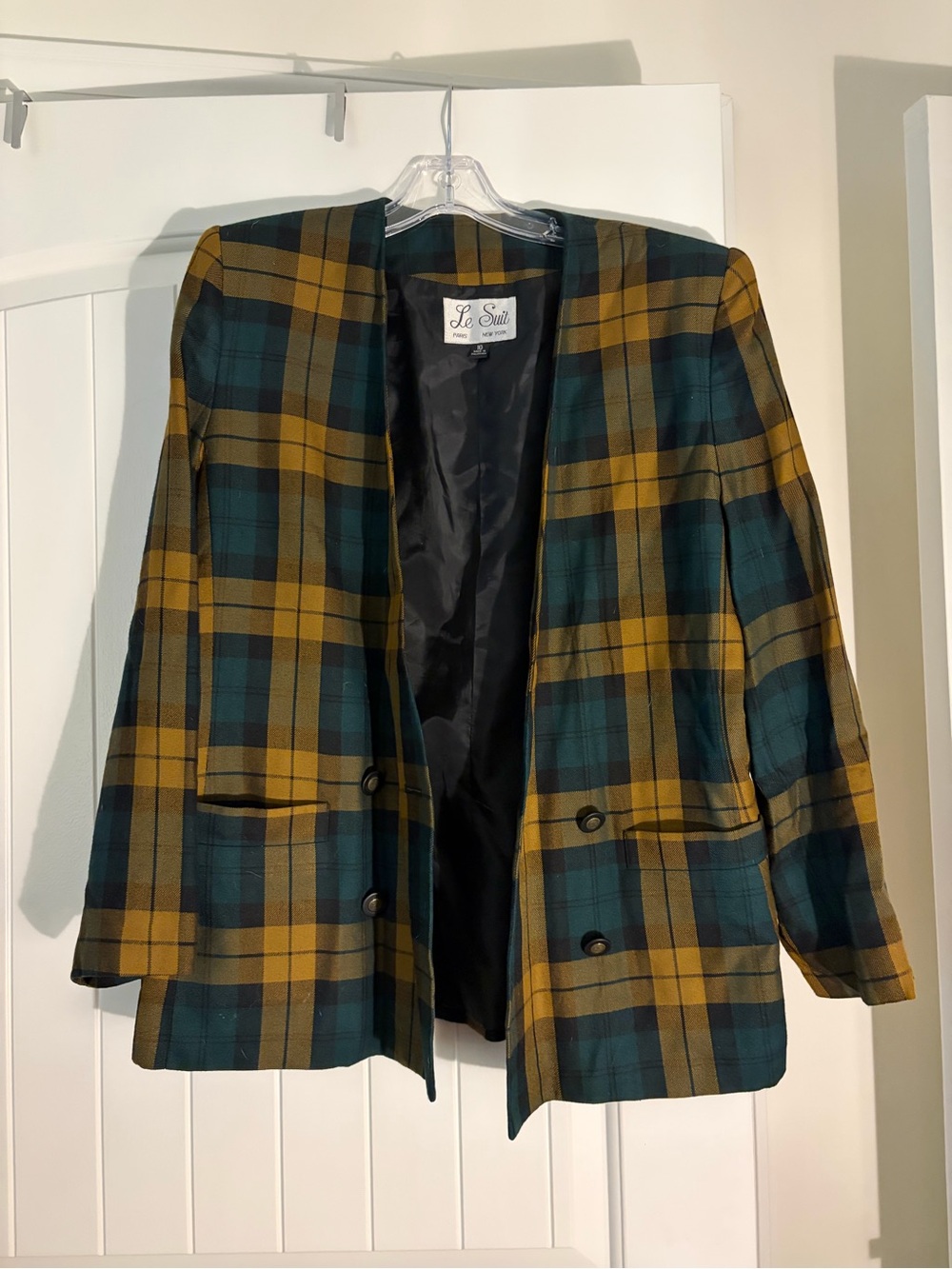 Le Suit Yellow and Teal Plaid Blazer